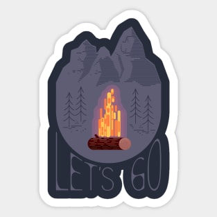 Campfire on a background of forest and mountains.Lets go. Sticker